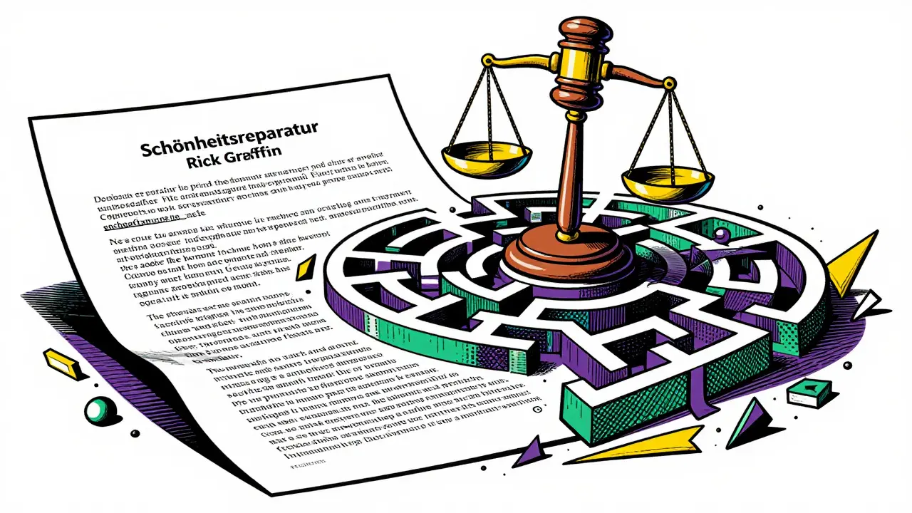 Mietvertrag verwandelt sich in buntes Labyrinth mit Justizwaage