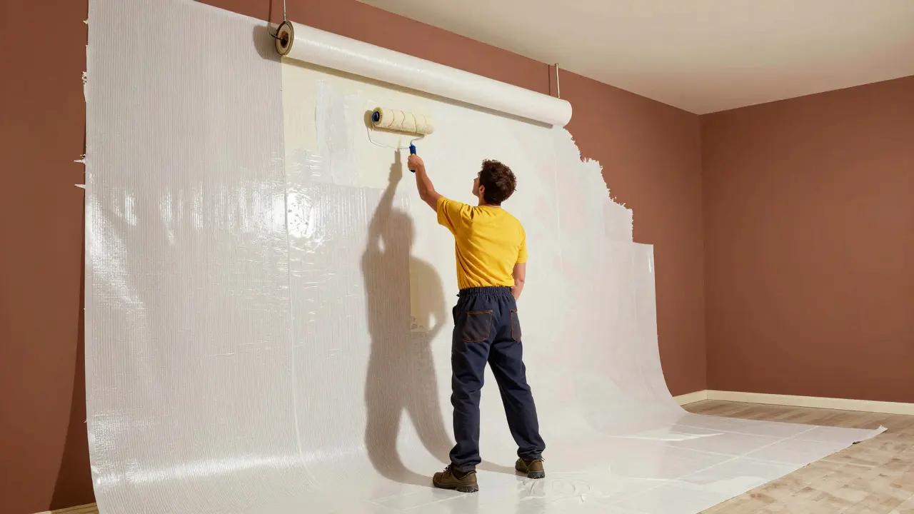 Painter rolling adhesive onto full-surface fiberglass mesh wallpaper