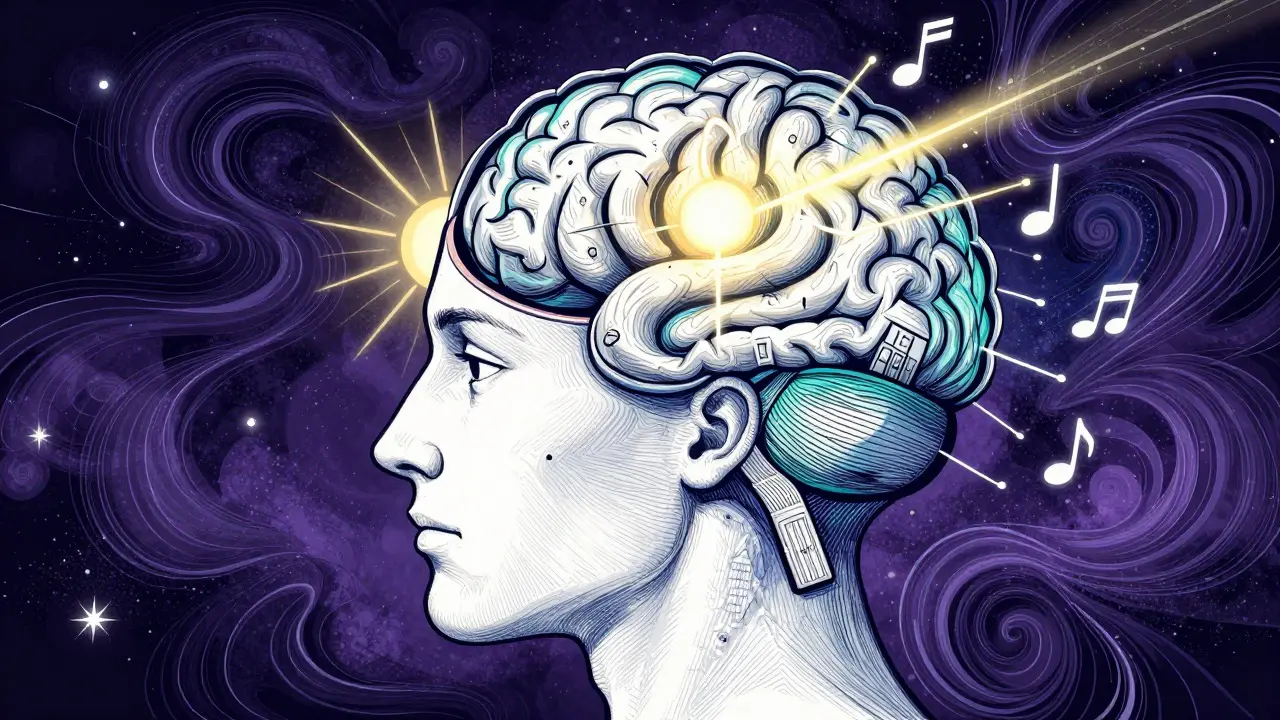 Psychedelische Illustration eines Gehirns, das durch Storytelling aktiviert wird