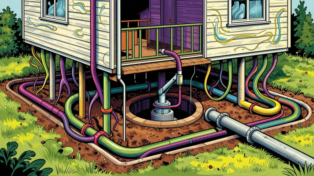 Schnittzeichnung einer Ringdrainage unter dem Hausfundament