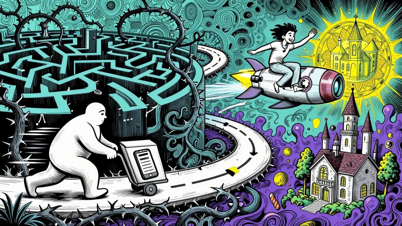 Surreal Art: Fast sale rocket vs slow smartphone cart on path