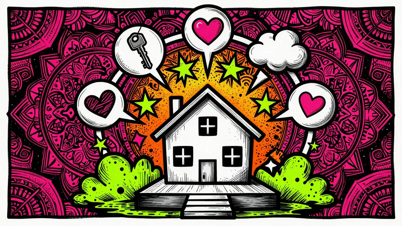 Symbolische Darstellung der Bausteine einer Immobilienstory mit sensorischen Triggern
