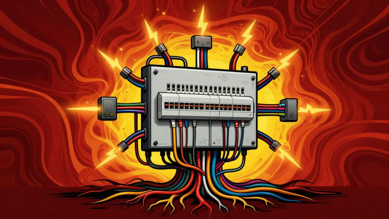 Technikraum mit geordneten Stromkreisen und Netzwerkverkabelung