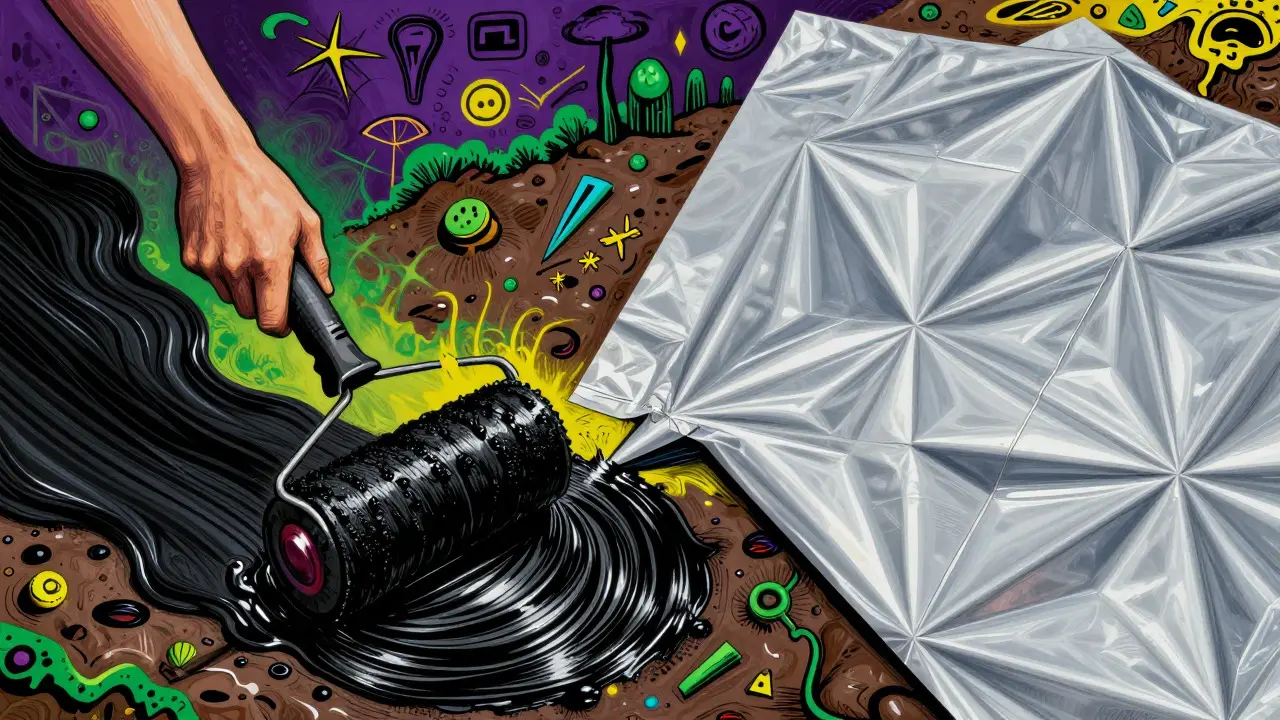 Vergleich von Bitumen und Kunststoffabdichtung im psychedelischen Cartoon-Stil