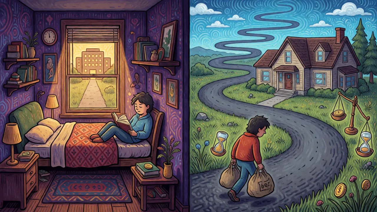 Vergleich zwischen naher Wohnung und fernem Umland mit surrealen Elementen im Cartoon-Stil.
