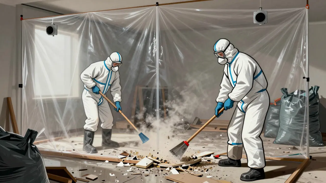 Workers in protective suits removing materials in a sealed renovation room