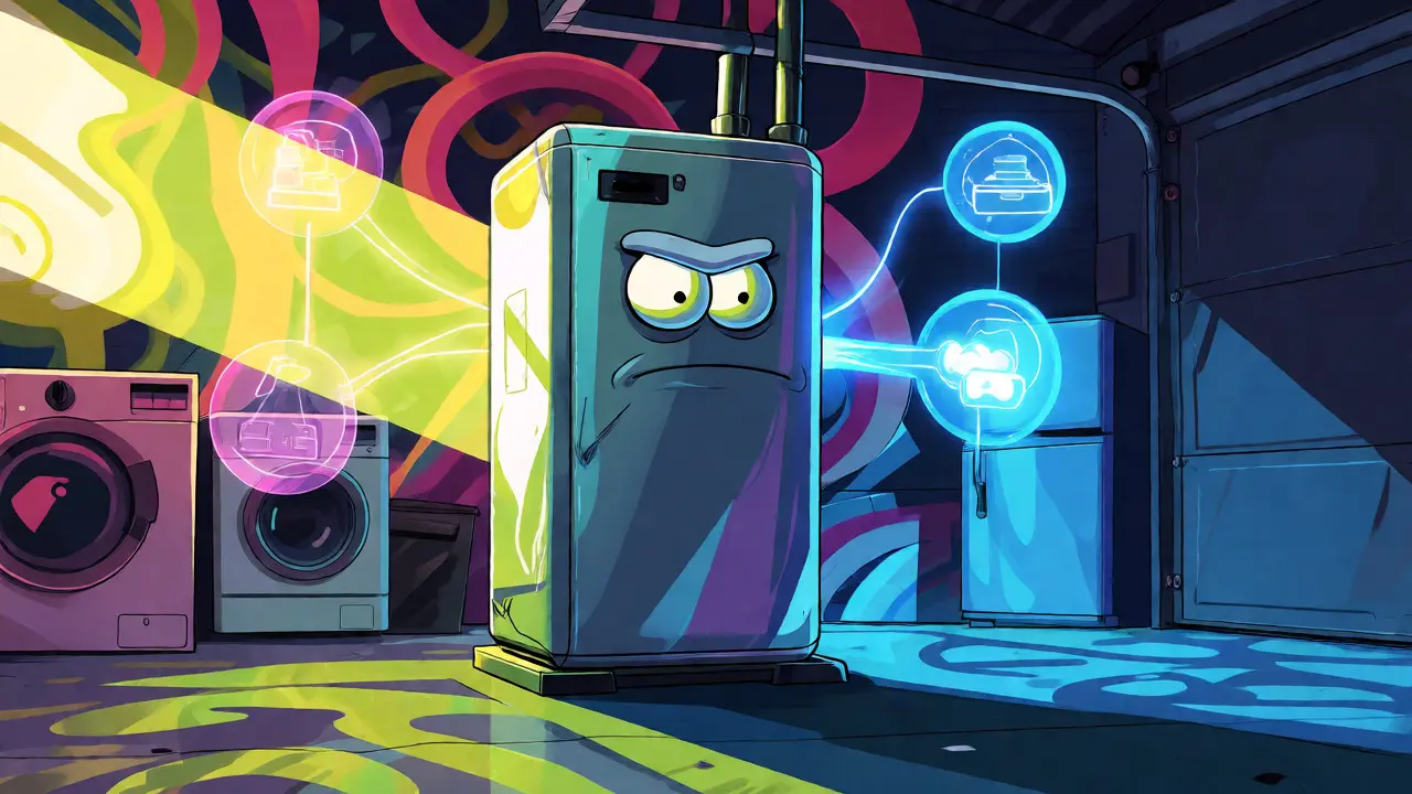 Batteriespeicher als Zeitverschieber im Rick-Griffin-Cartoon-Stil mit leuchtenden Energieflüssen.