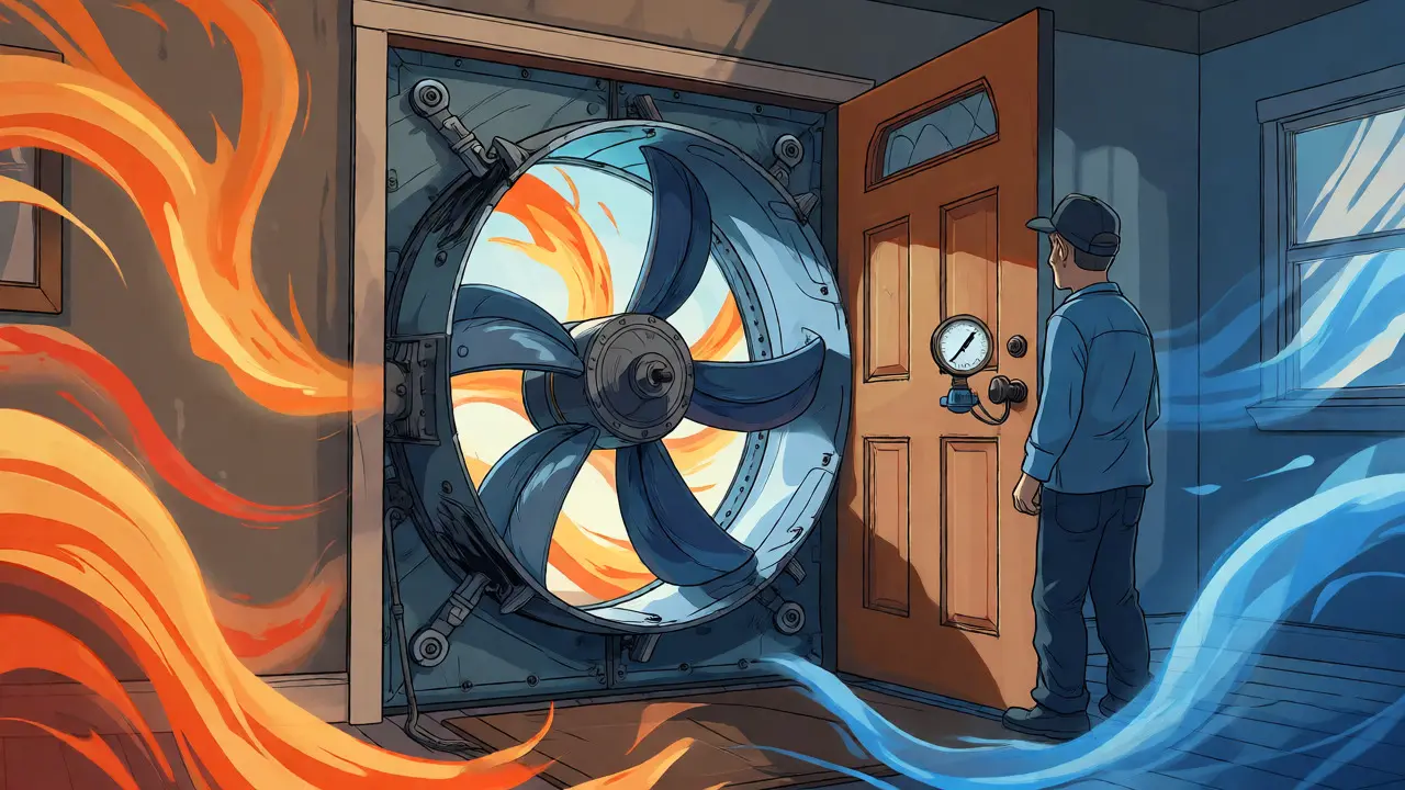 Blower-Door-Ventilator im Eingangsbereich mit visuellen Druckströmungen