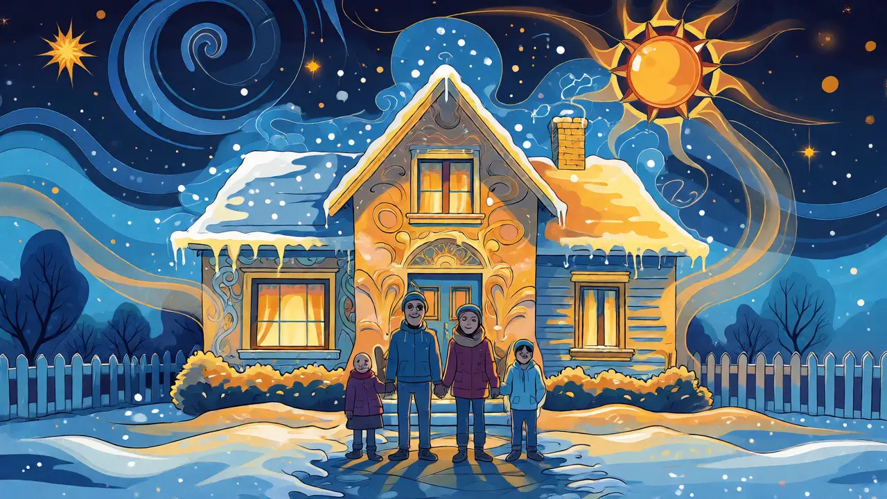 Familie vor einem isolierten Haus im leuchtenden Rick-Griffin-Kunststil