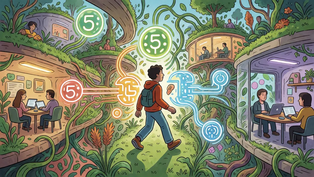 Futuristische 5-Minuten-Stadt mit Arbeit und Freizeit im Cartoon-Stil