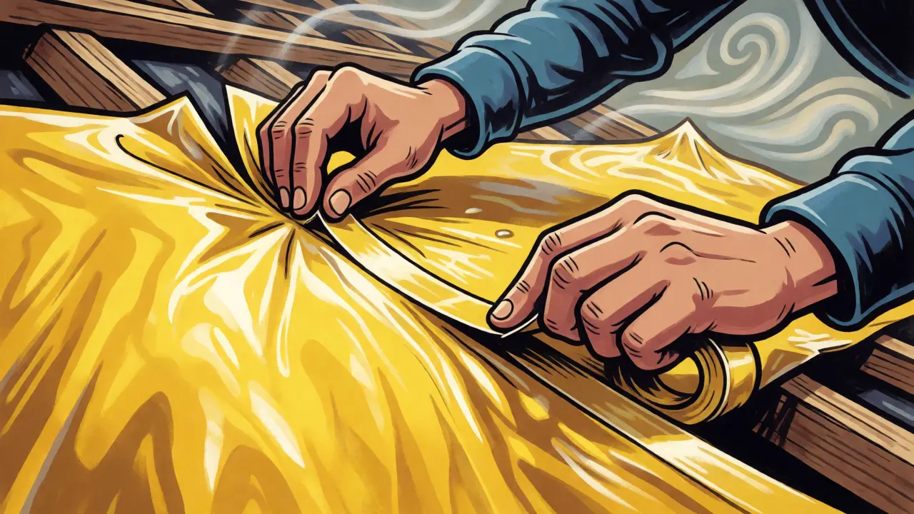 Illustration des Verklebens von Dampfbremsen-Bahnen auf Holzbalken.