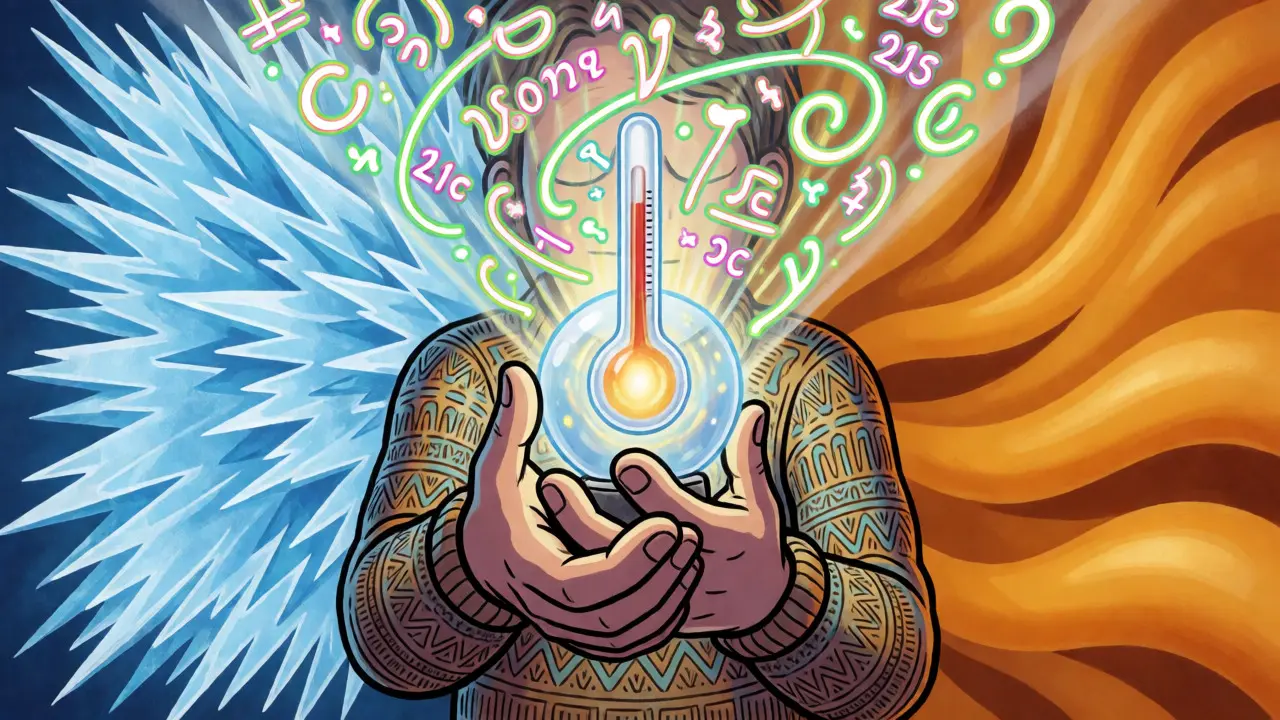 Illustration einer Person, die ein magisches Thermometer hält, das Temperaturdaten als schwebende Symbole projiziert.