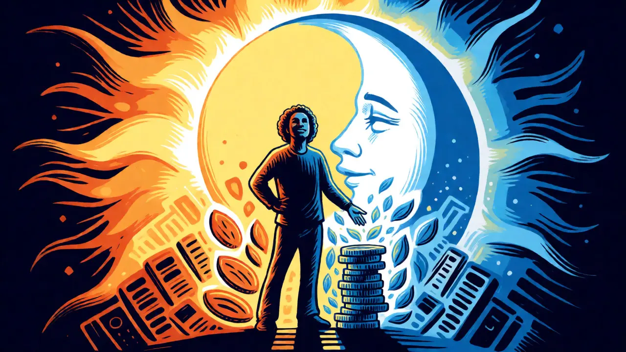 Konzeptionelle Illustration von Energieeinsparung mit Münzen und Sonnen-Mond-Zyklus im Rick-Griffin-Stil