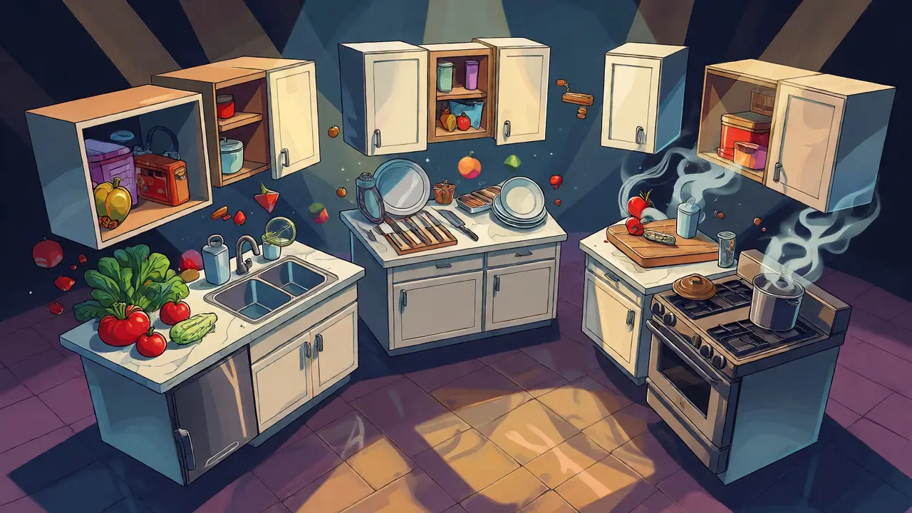 Mystische Montage einer perfekt organisierten Fünf-Zonen-Küche im Illustrationsstil.