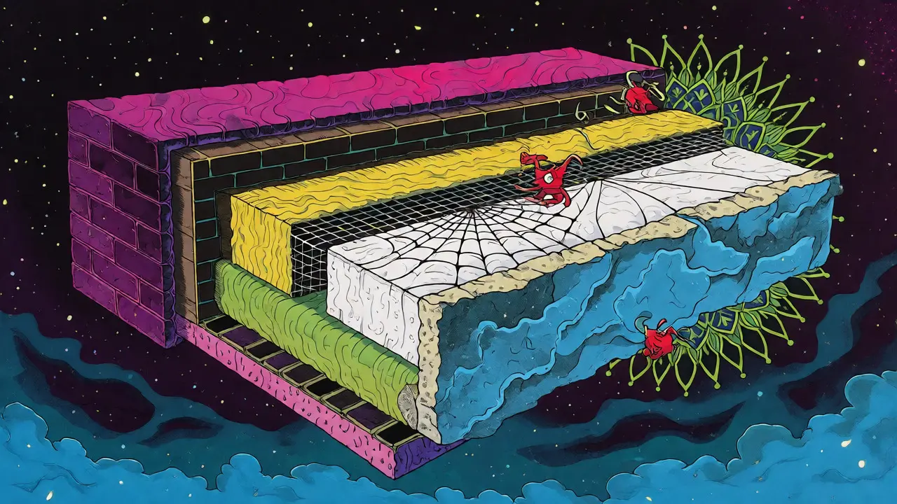 Querschnitt einer gedämmten Wand mit Schichten im psychedelischen Comic-Stil