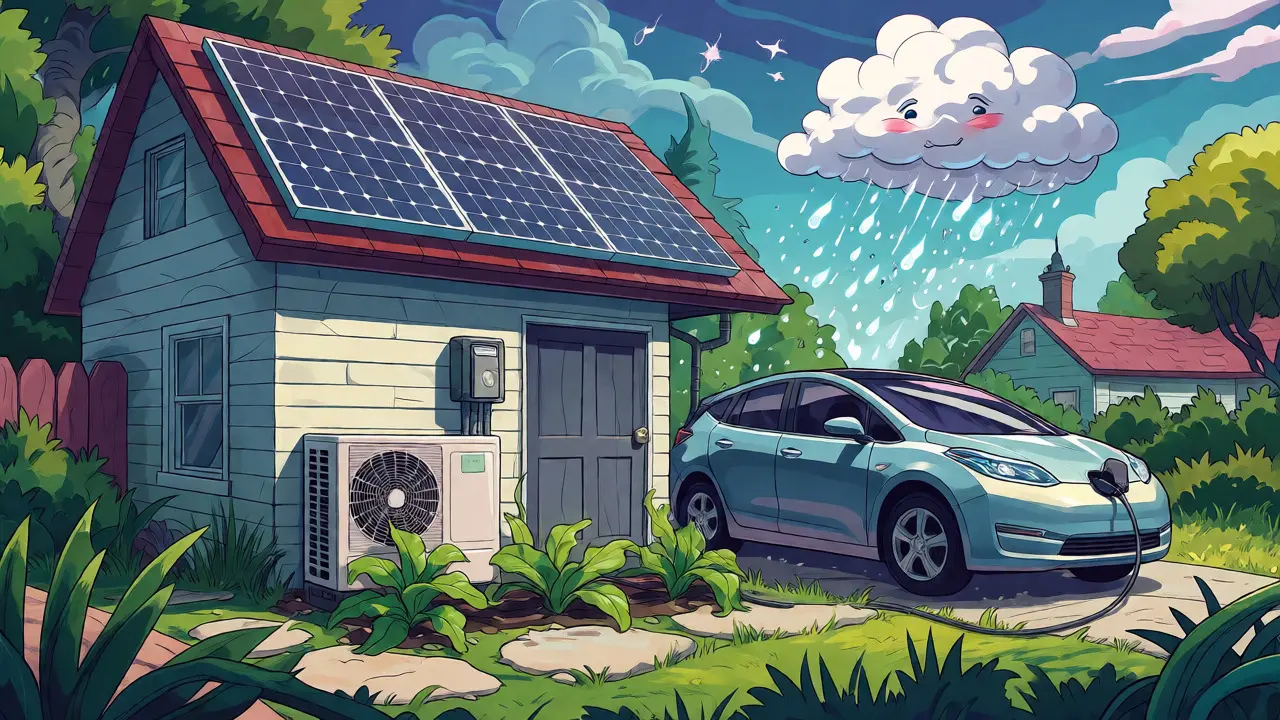Smart Home Ökosystem mit E-Auto und Wärmepumpe im psychedelischen Rick-Griffin-Illustrationsstil.