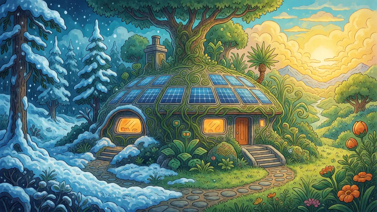 Surreale Darstellung eines futuristischen Hauses, das Winter- und Sommerszenen kombiniert, um Klimawandel zu zeigen.