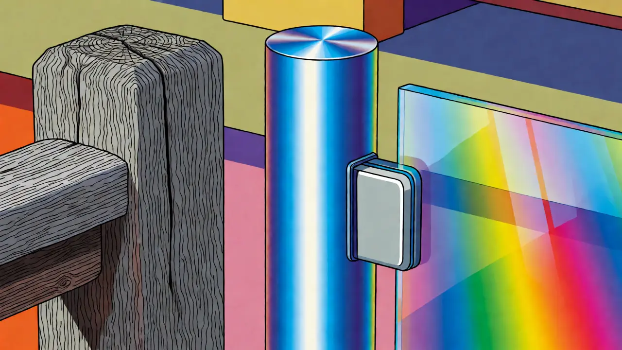 Vergleich von Holz-, Aluminium- und Glas-Geländermaterialien als mystische Artefakte.