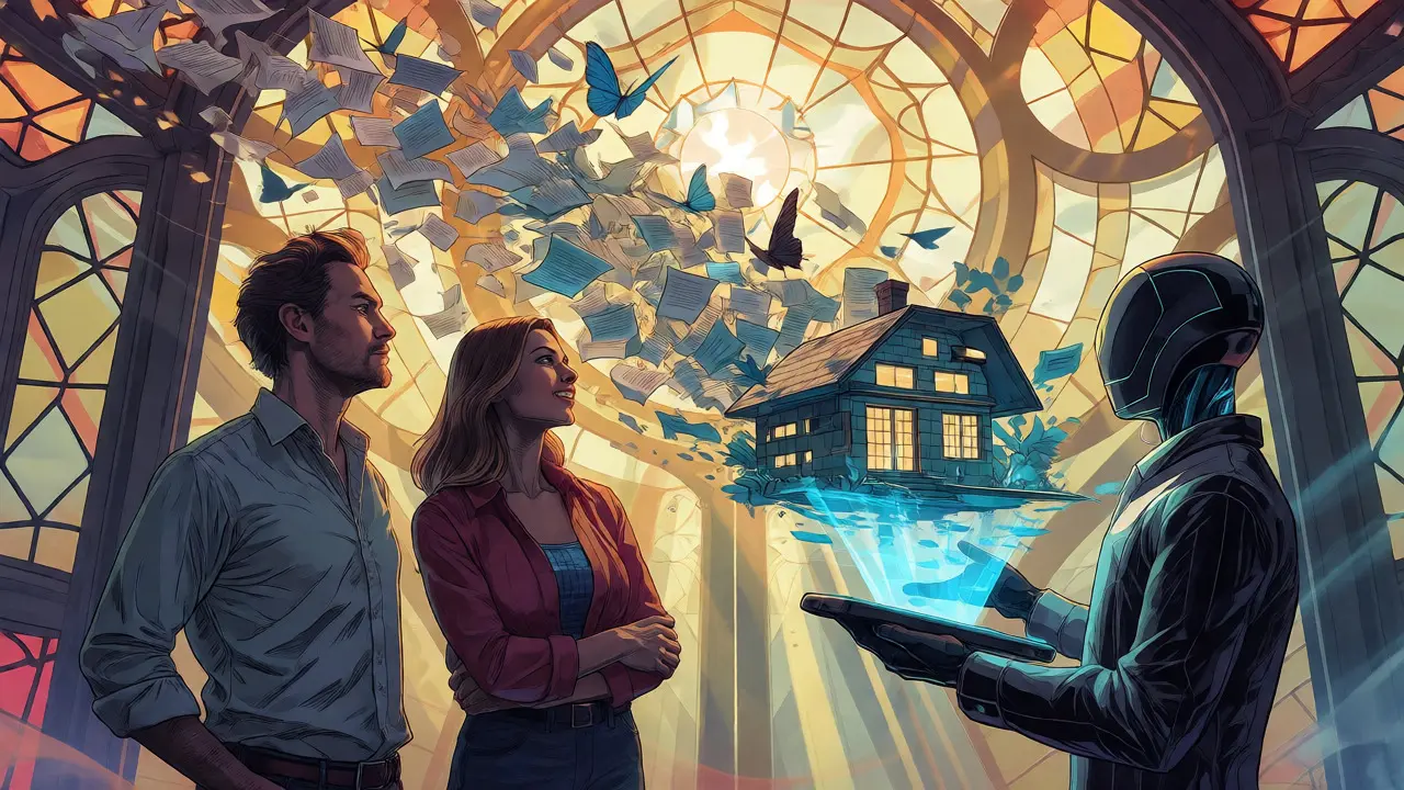 Futuristische Szene mit digitalen Tools für den Hausverkauf