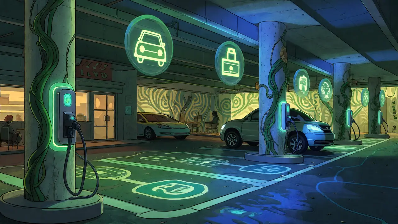 Futuristischer Mobilitätsknotenpunkt mit E-Ladestationen und Sharing-Symbolen