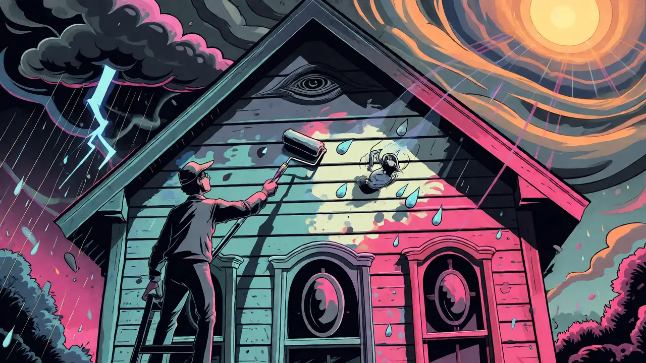Handwerker streicht eine Fassade, während Regen abgewehrt wird im psychedelischen Comic-Stil.