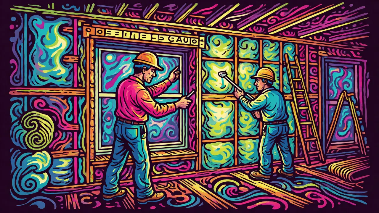 Handwerker und Energieberater bei der Haussanierung im psychedelischen Cartoon-Stil