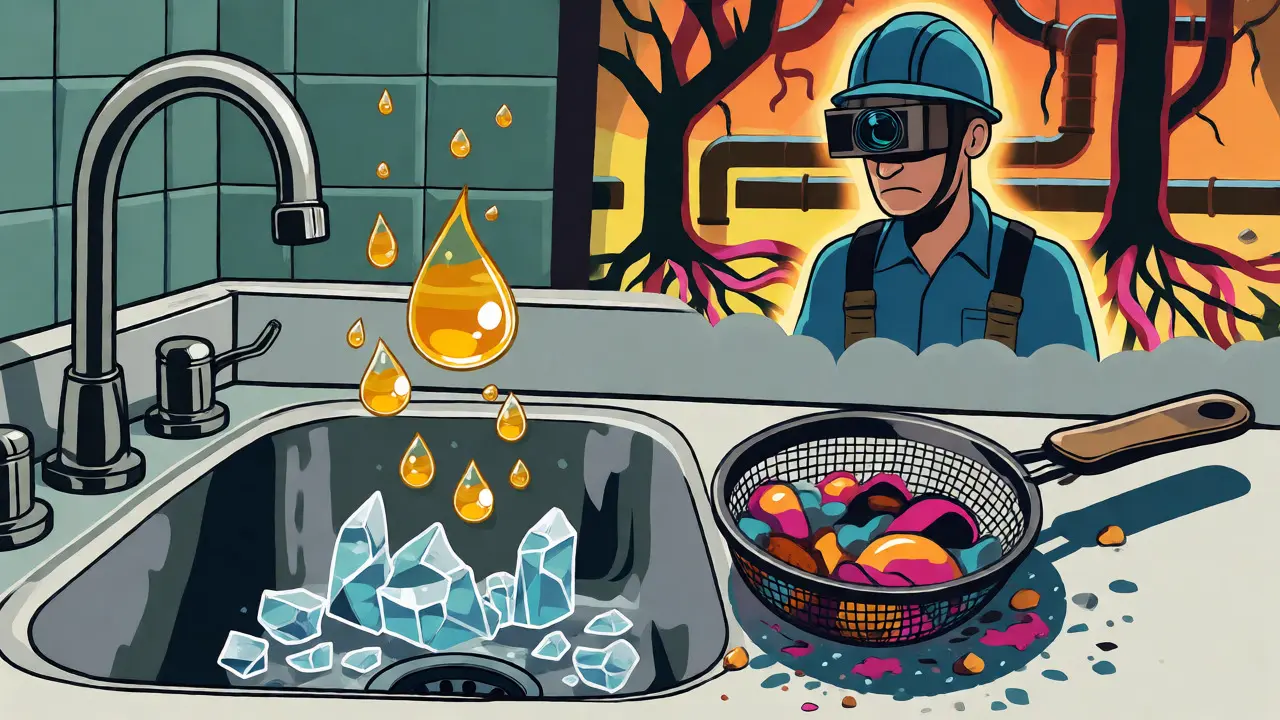 Illustration von fetthärtendem Öl und einem Klempner bei der Rohrinspektion