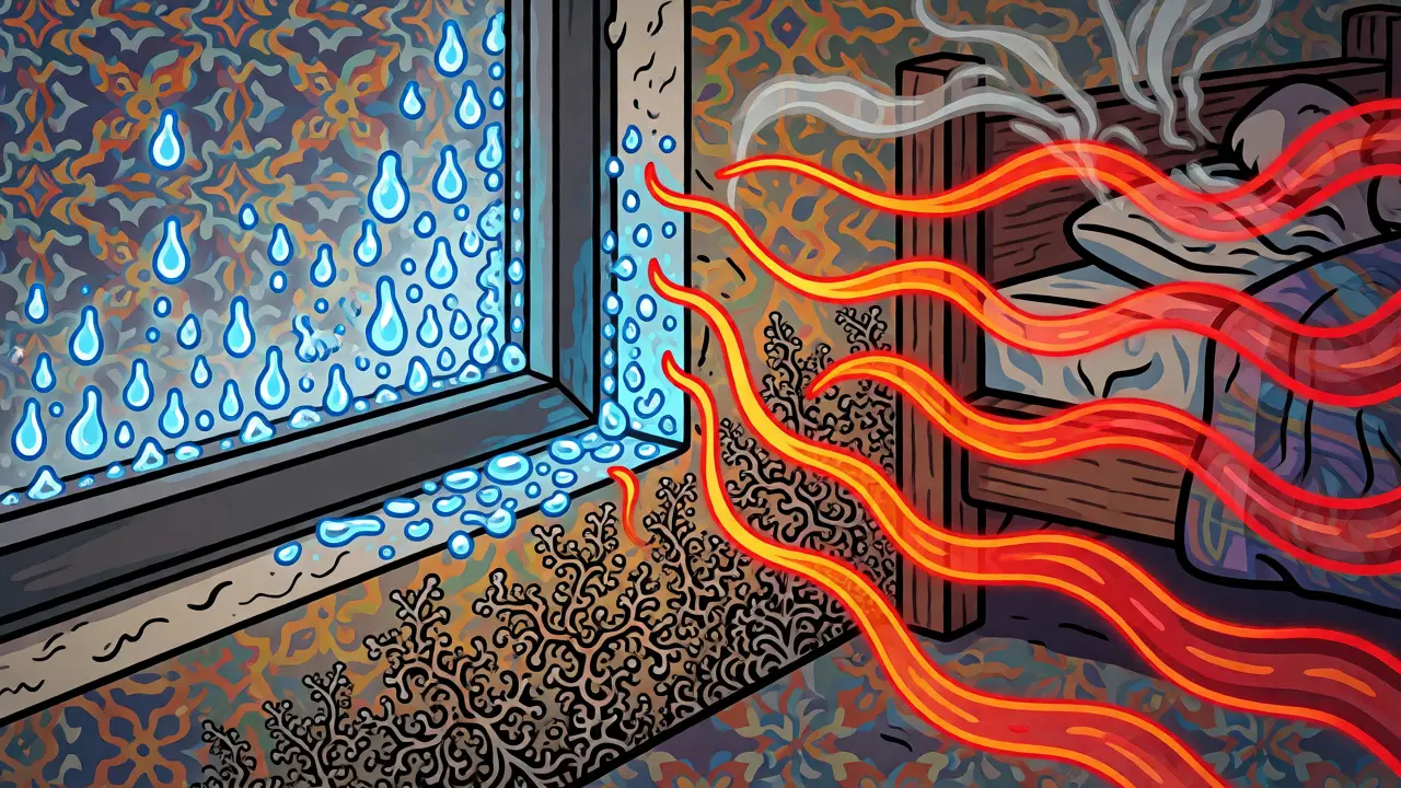 Kondensation und Wärmebrücken an der Wand visualisiert im Cartoon-Stil