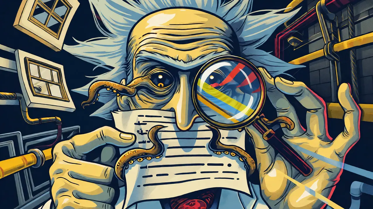 Mieter prüft ein lebendiges Dokument mit Prisma-Lichteffekten in surrealer Darstellung.