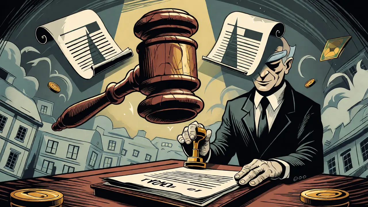 Notar und Vertrag im stilisierten Cartoon-Stil mit Gavel
