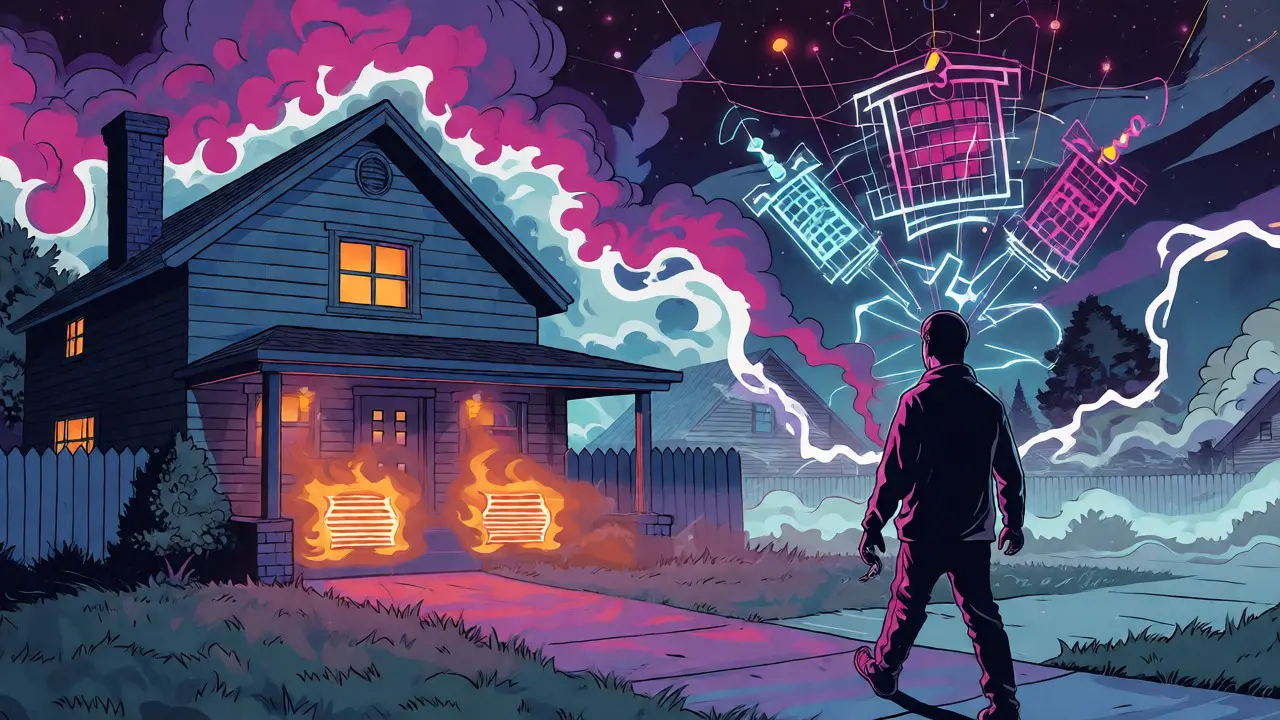 Psychedelische Illustration einer Person, die eine virtuelle Zone verlässt, während das Haus automatisch dimmt.
