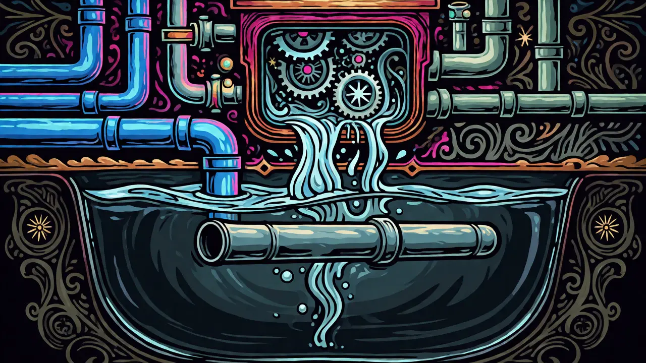 Querschnitt einer Regenwasseranlage mit Filter, Speicher und getrennten Leitungsnetzen.