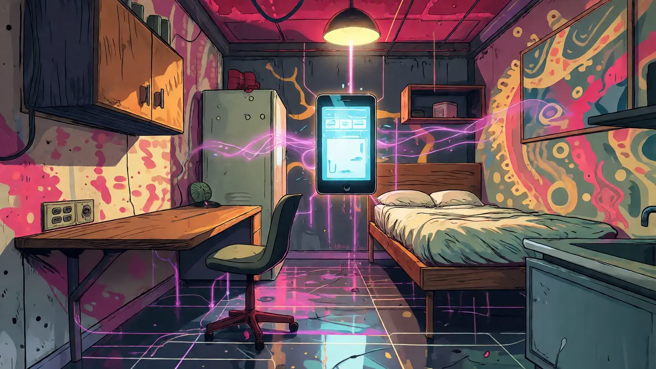Stilisierte Innenaufnahme eines funktionalen Studentenapartments mit digitalen Elementen
