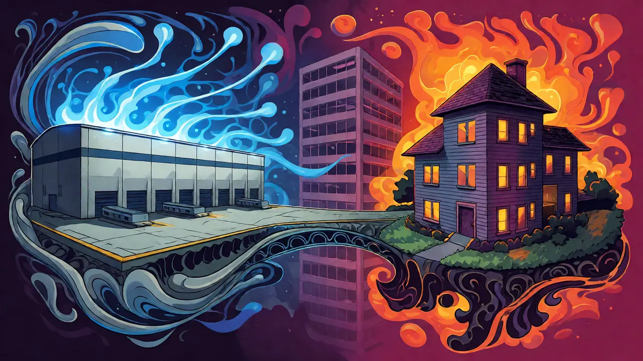 Surreale Darstellung von Logistik und Wohnraum im Kontrast zu veralteten Büros im Rick-Griffin-Stil.