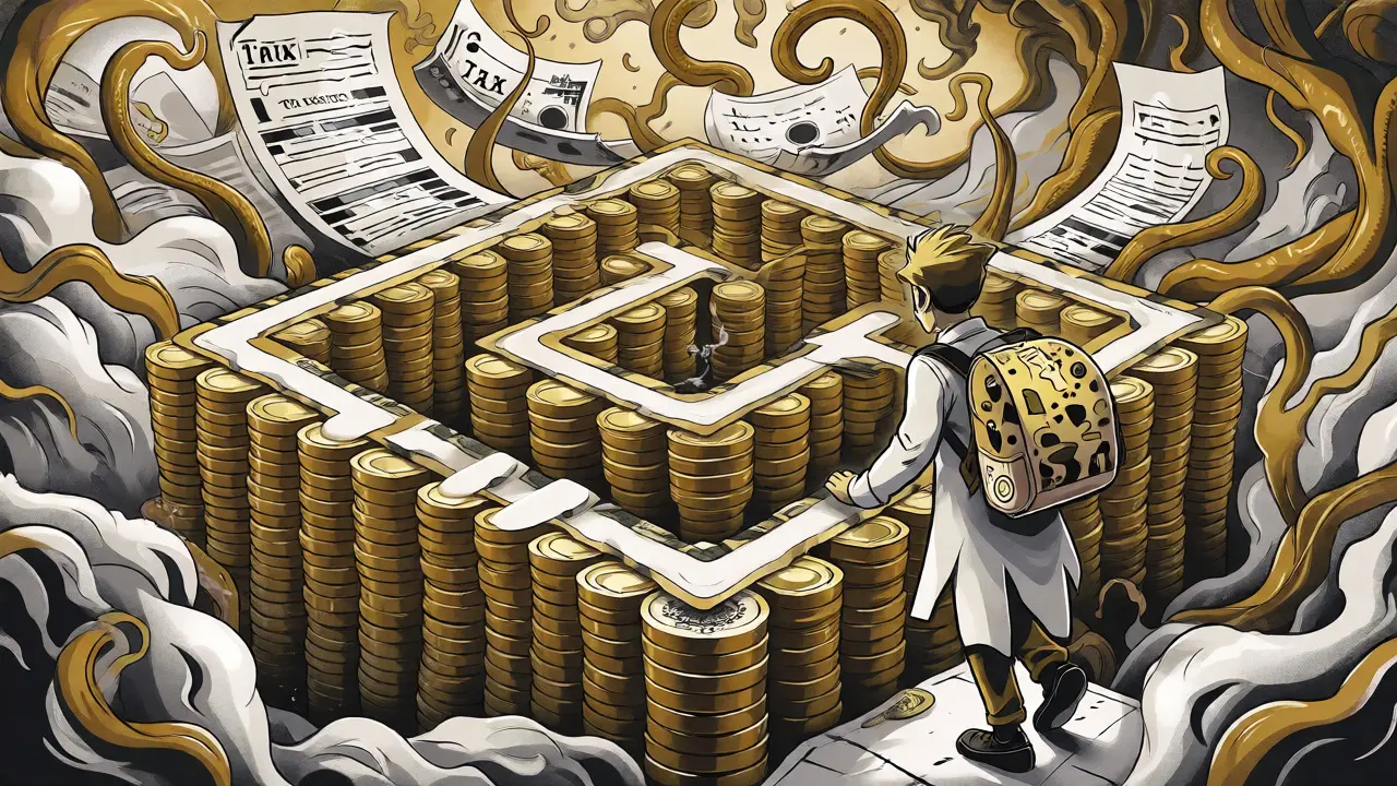Surreale Illustration eines finanziellen Labyrinths aus Münzen, das die Kaufnebenkosten symbolisiert.