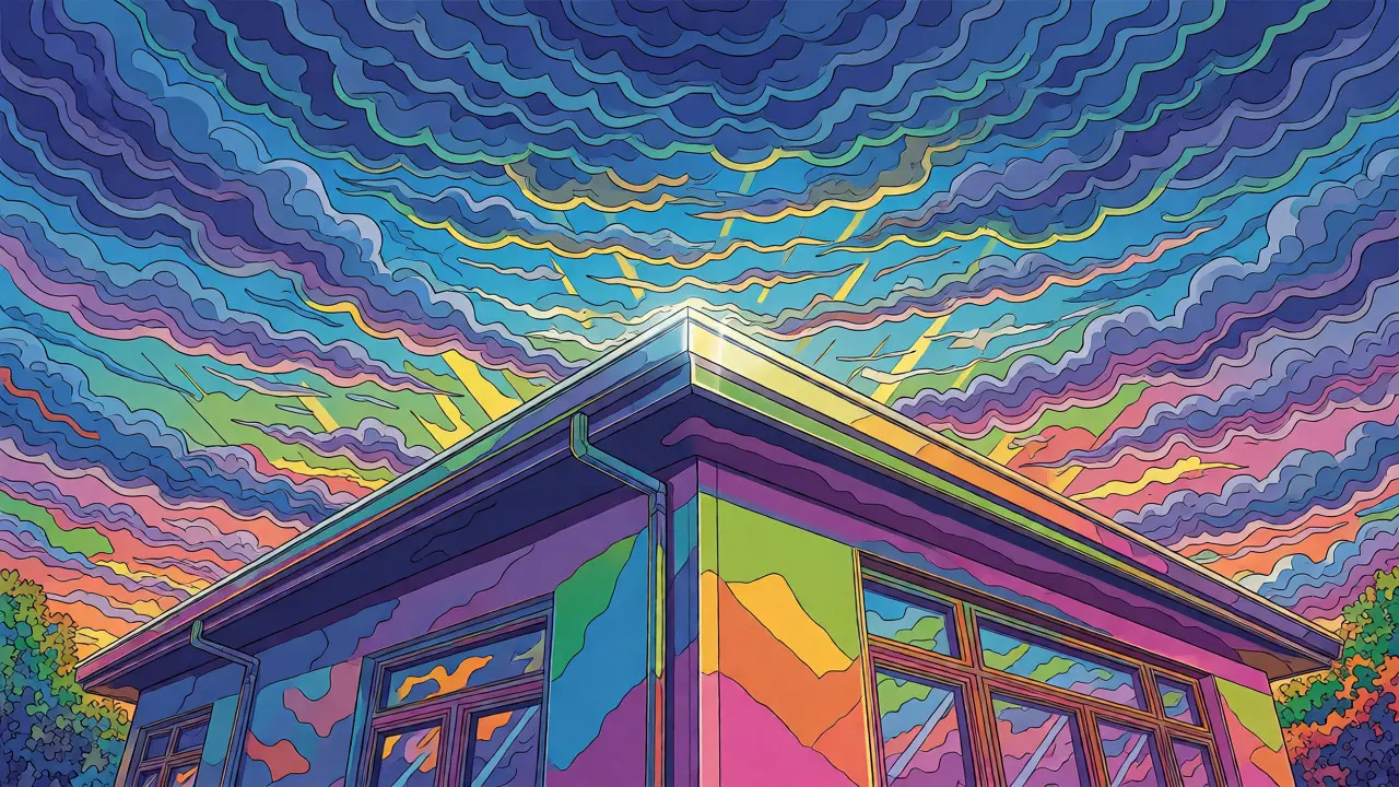 Terrassendach an Hausfassade unter stilisierten Regenwolken im Retro-Stil