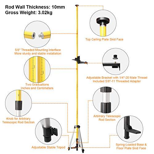 Huepar Laser Teleskopstange 3,7m/12ft für Rotationslaser und Kreuzlinienlaser, Lasermontagestange mit Stativ, Einstellbare Halterung mit 1/4"-20 Außengewinde und 5/8"-11 Gewindeadapter - LP36 – Bild 3